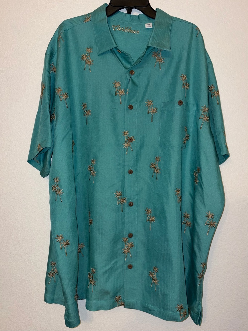 NWT Caribbean Men's 3XB Teal Palm Tree Embroidered Tropical Shirt